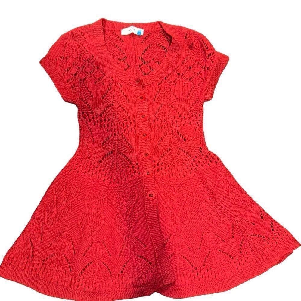 Sparrow- Women’s Short-Sleeve Red Crochet Cardigan With Buttons, Size Large